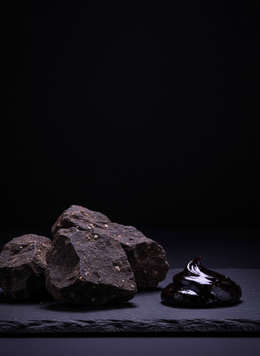 Raw shilajit-bearing rock beside glossy purified Altai resin