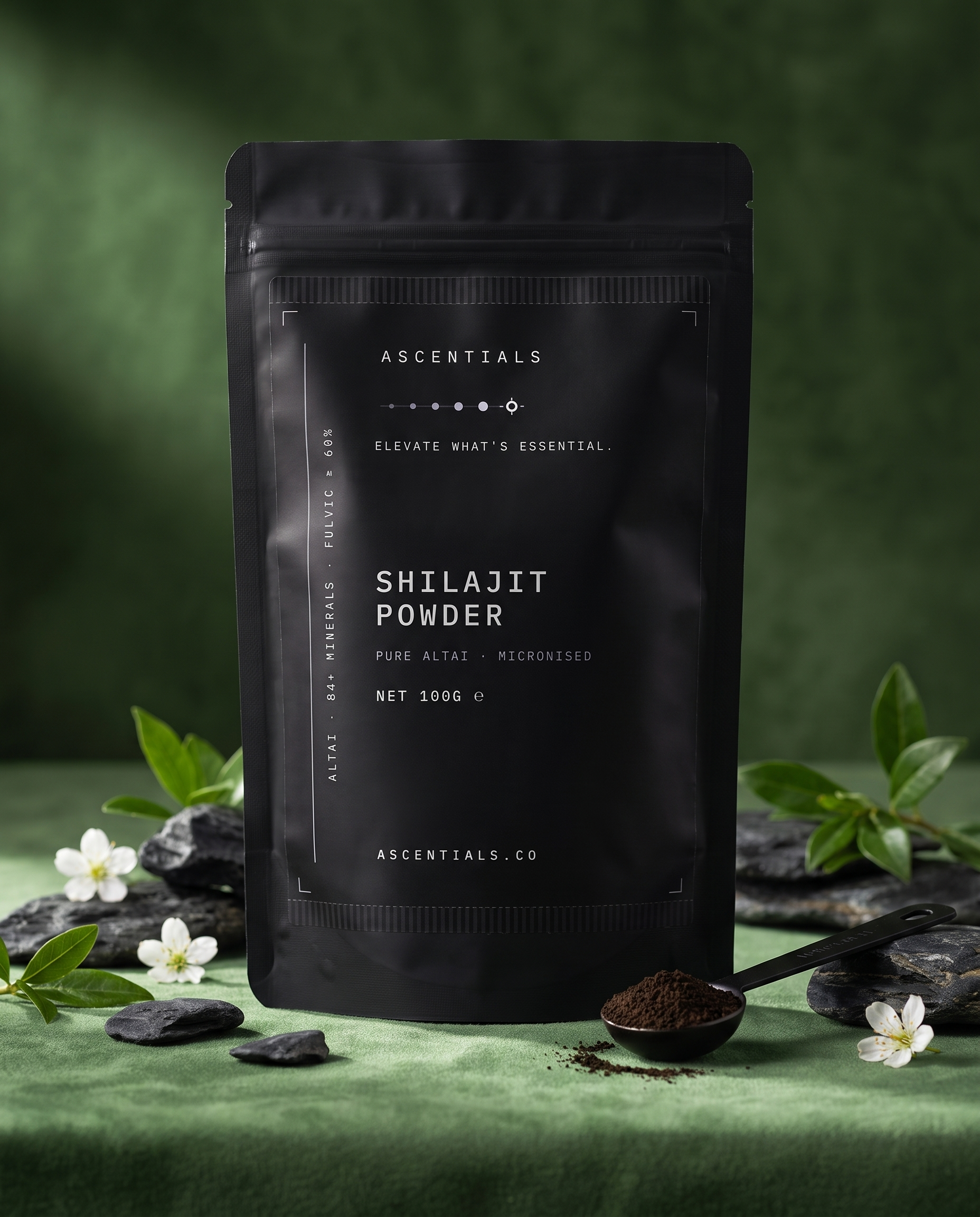 ASCENTIALS 100g Altai Shilajit Powder in a matte-black resealable pouch