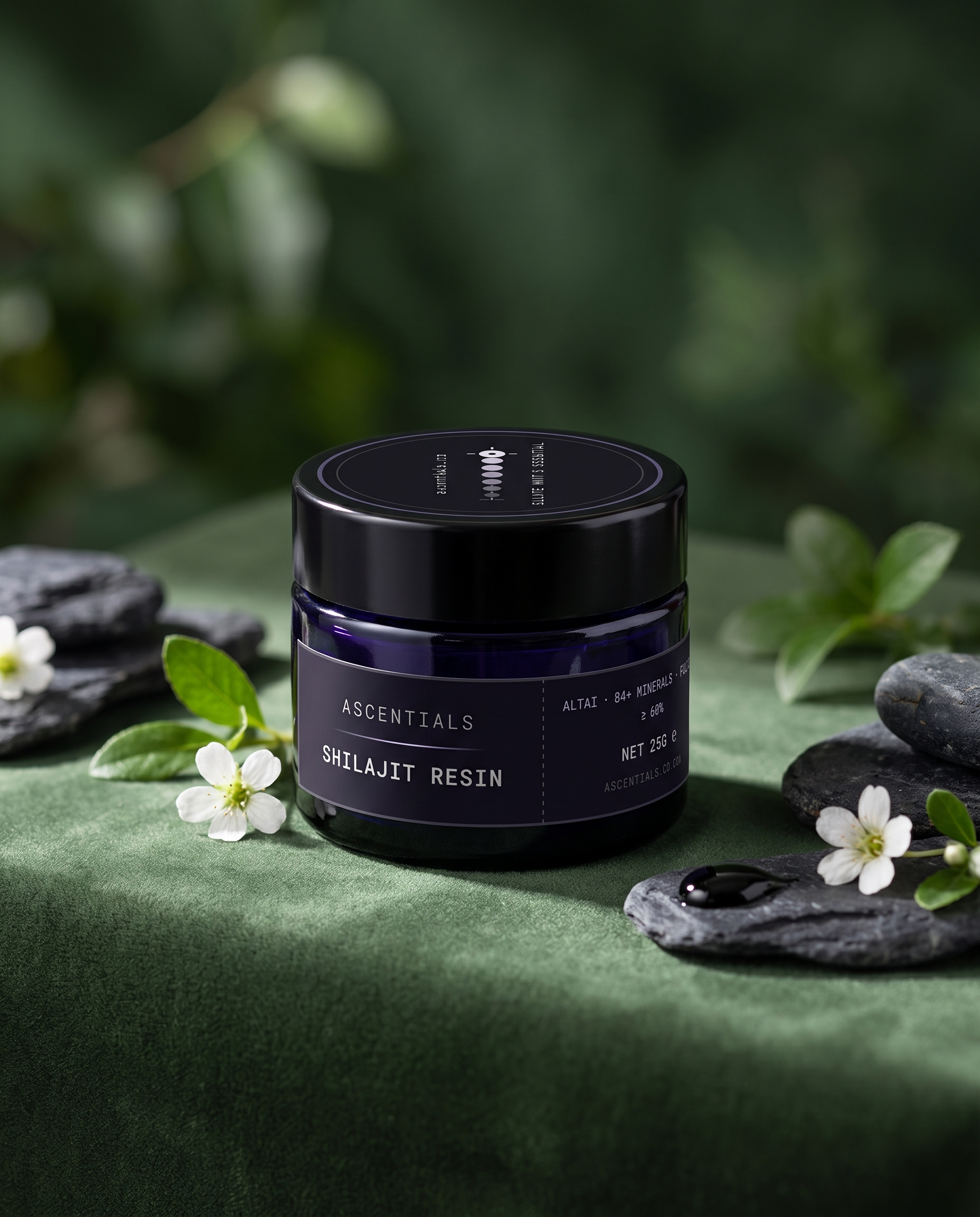ASCENTIALS 25g Shilajit Resin in a Miron Ceres violet-glass jar